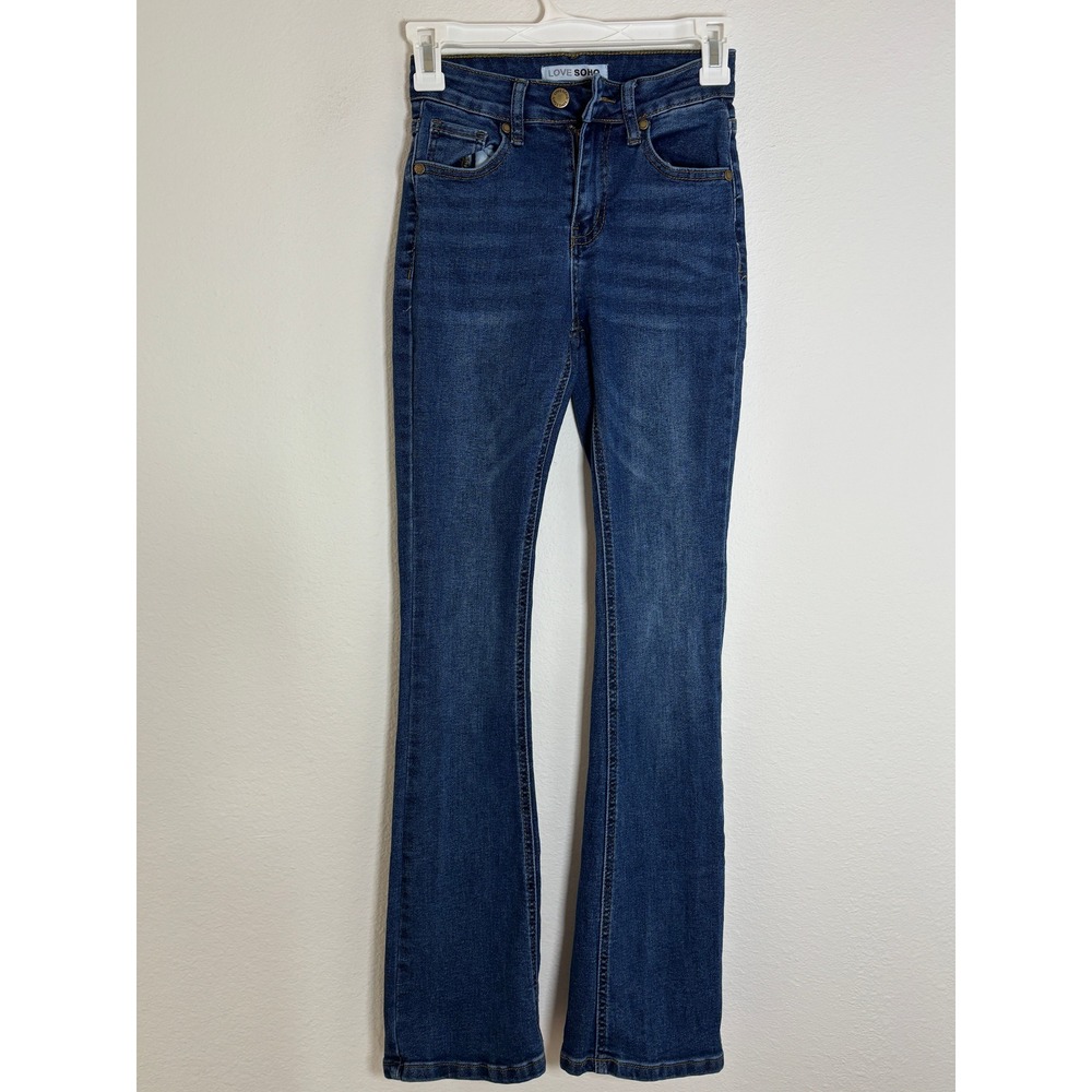 Love Soho Women High Rise Flare Jeans Dark Wash Slim Fit Size 0 Denim Pants